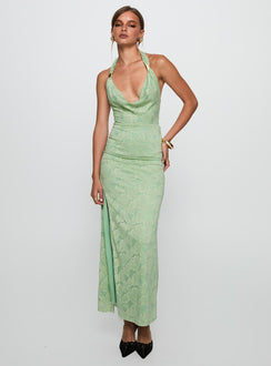 front view of model wearing Princess Polly Starfall Halter Maxi Dress Sage Cowl Neck 