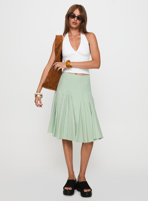   front view of model wearing Princess Polly Evangaleine Pleat Midi Skirt Green / White Midi Skirts 