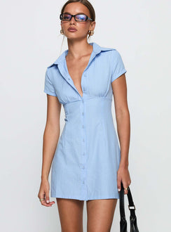 front view of model wearing Princess Polly Motley Mini Dress Blue Stripe V-Neck 