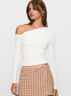 front view of model wearing Princess Polly Beller Long Sleeve Top White Full Sleeves Asymmetric Neckline 