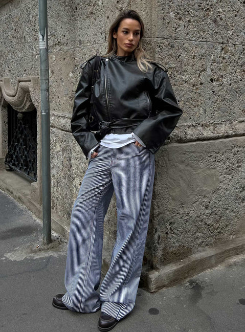 front view of model wearing Princess Polly Top Model Jean Navy Stripe Low Rise Pants 