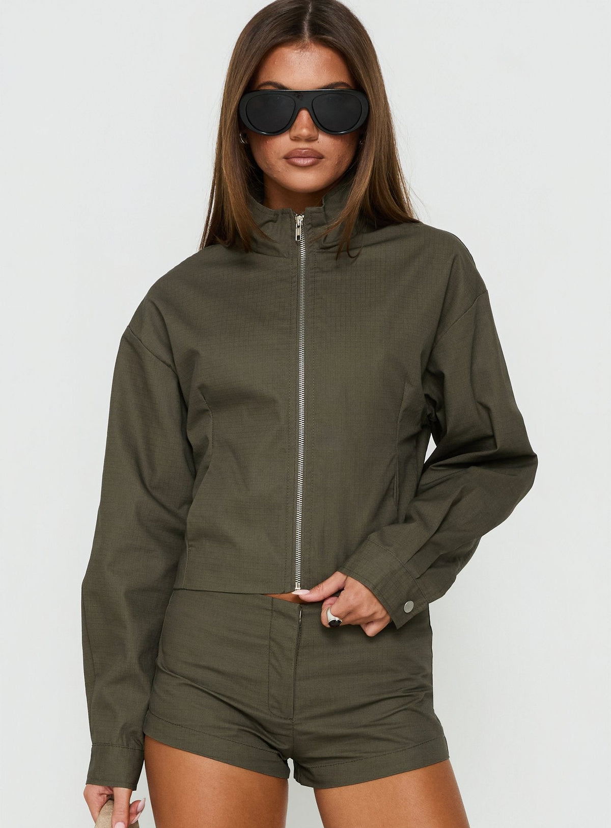 Avorie High Neck Cinched Jacket Khaki
