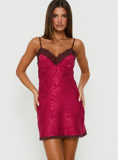 Viretta Satin Jacquard Lace Trim Mini Dress Burgundy