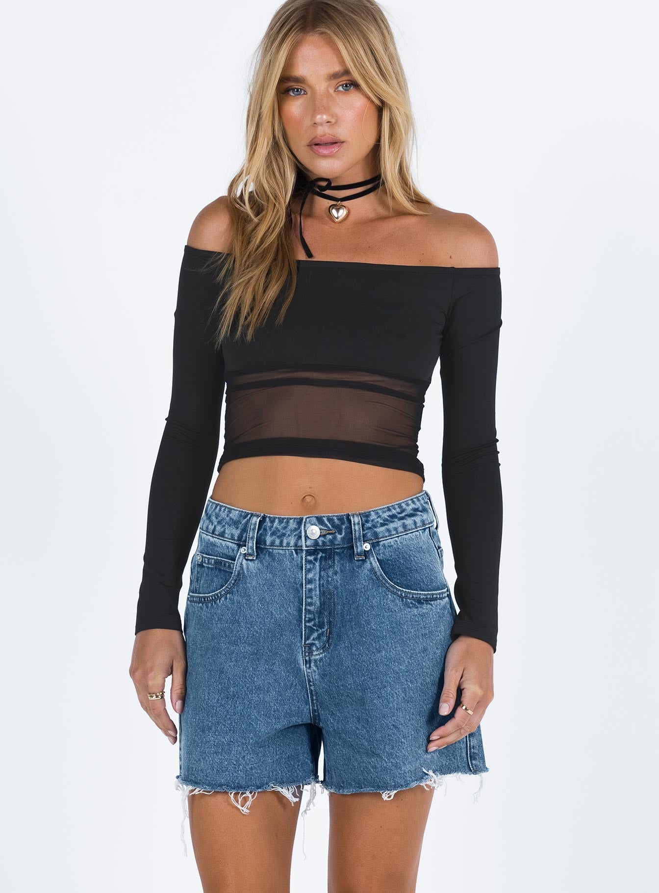 front view of model wearing Princess Polly Laurena Dark Denim Shorts Tall High Waisted Shorts 