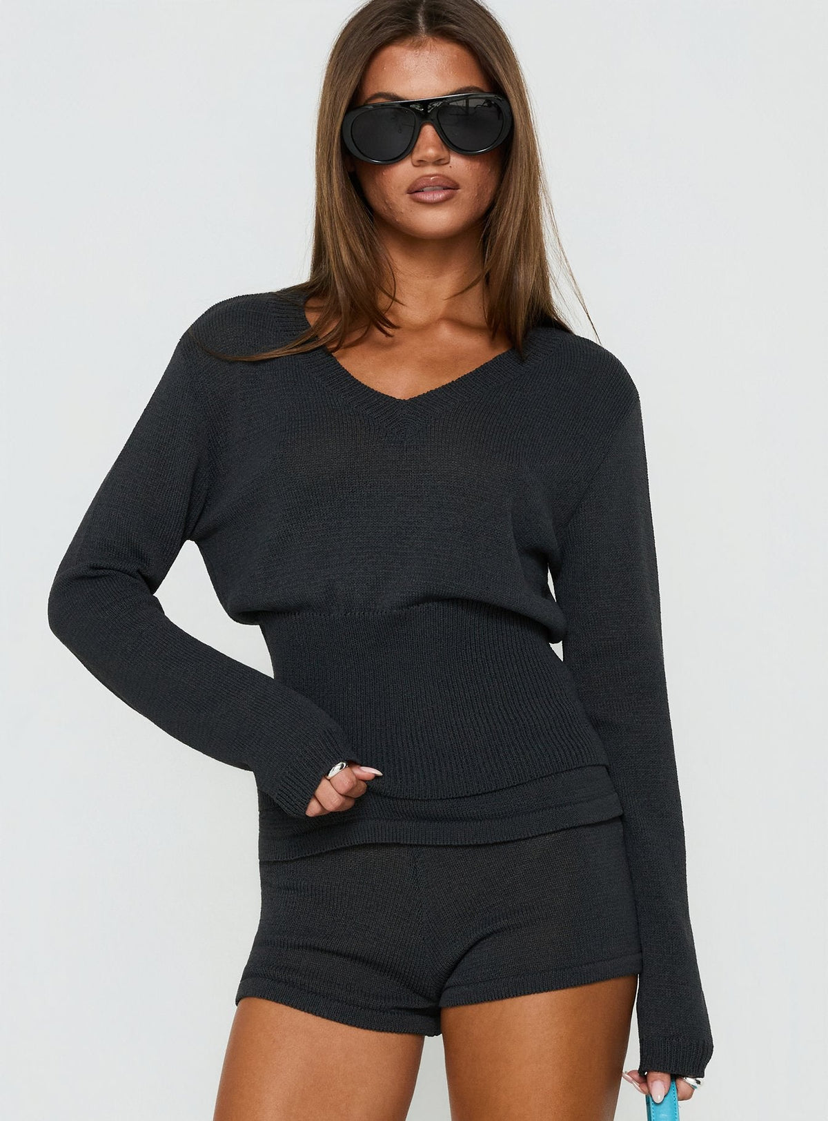 Elsari Cinched Waist V Neck Knit Jumper Charcoal