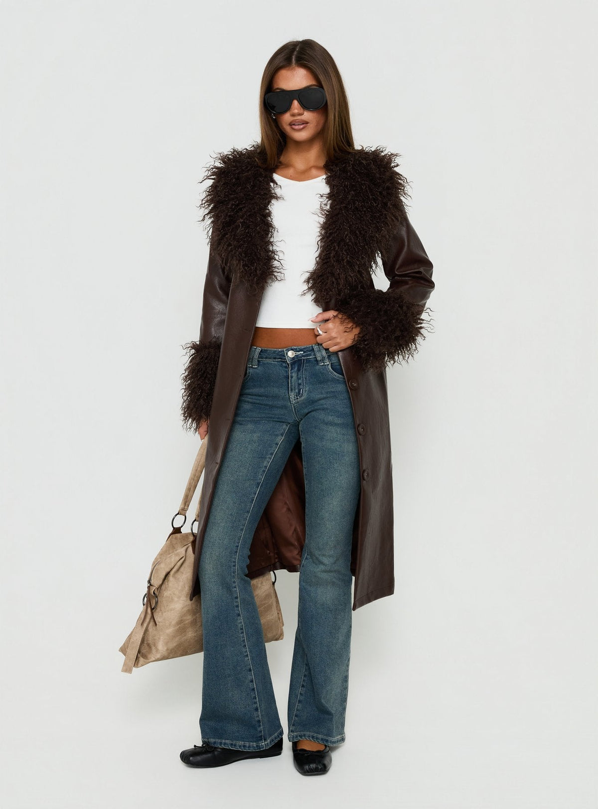 Adeliah Faux Fur Longline Jacket Brown