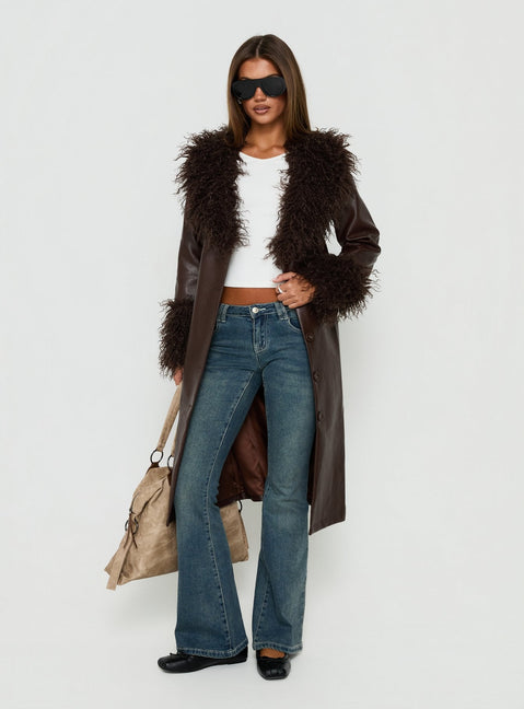 Adeliah Faux Fur Longline Jacket Brown