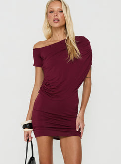 Florencie Drapiertes Off-Shoulder Minikleid Weinrot