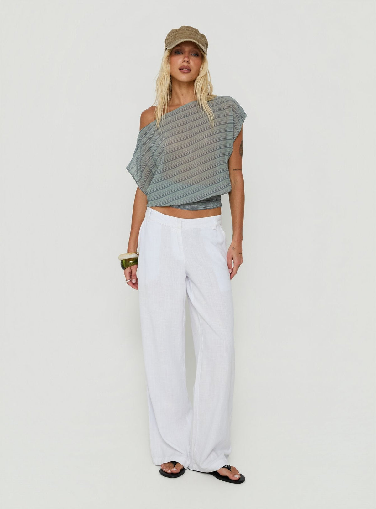 Lindenn Off Shoulder Sheer Top Grey Stripe