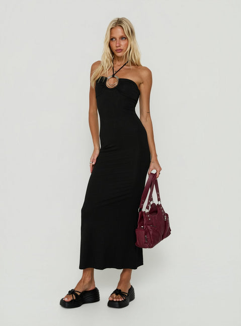 Betsey Kleid mit Ringdetail und Bindekragen, Schwarz