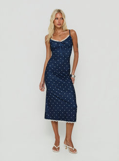 Delaney V-Ausschnitt Rüschen-Midikleid Navy / Weiß Gepunktet