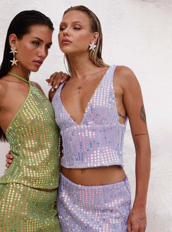 side view of model wearing Princess Polly Headliner Shimmer Top Purple Sleeveless Plunger 