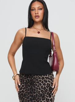 front view of model wearing Princess Polly Young Forever Top Black Sleeveless Scoop Neck 