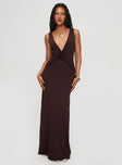 front view of model wearing Princess Polly Frederica Plunge Maxi Dress Chocolate Plunger 