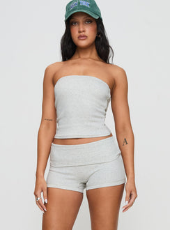 front view of model wearing Princess Polly Baseline Low Rise Rib Shorts Grey Marle Low Rise Shorts 