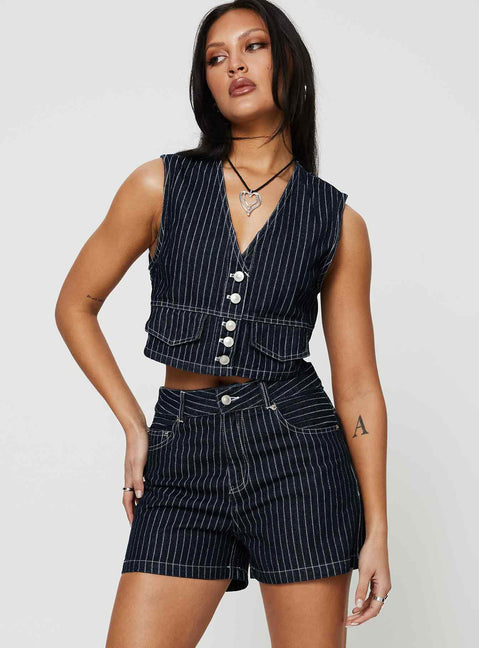 front view of model wearing Princess Polly Rathlyn Pinstripe Shorts Dark Denim High Waisted Shorts 