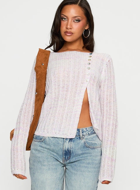 front view of model wearing Princess Polly Lenker Knit Jumper Lilac Cropped 