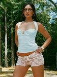 front view of model wearing Princess Polly Isabetta Halter Top Aqua Sleeveless Sweetheart 