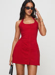 front view of model wearing Princess Polly Mallorie Halter Mini Dress Red Scoop Neck 