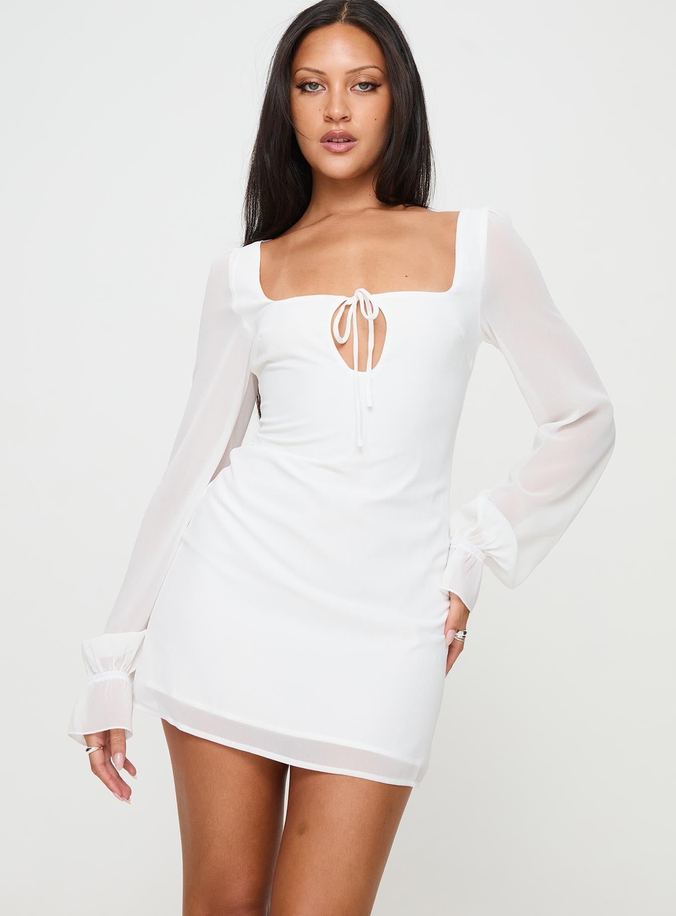front view of model wearing Princess Polly Bayford Long Sleeve Mini Dress White Square Neck 