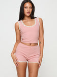 Pink Matching sleep set Tank style top, ribbed material, lace trim with flower detail, elasticated waistband
