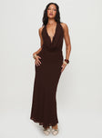 side view of model wearing Princess Polly Alejandria Cowl Neck Maxi Dress Chocolate Cowl Neck 