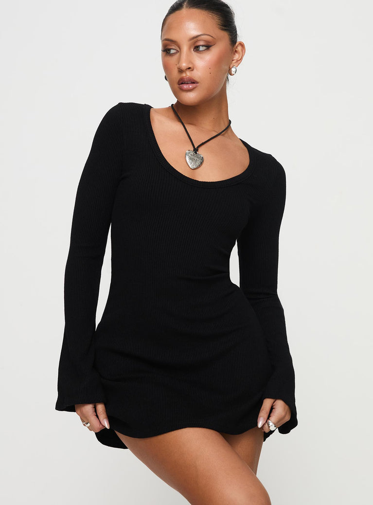 front view of model wearing Princess Polly Best Interest Long Sleeve Mini Dress Black Petite Scoop Neck 