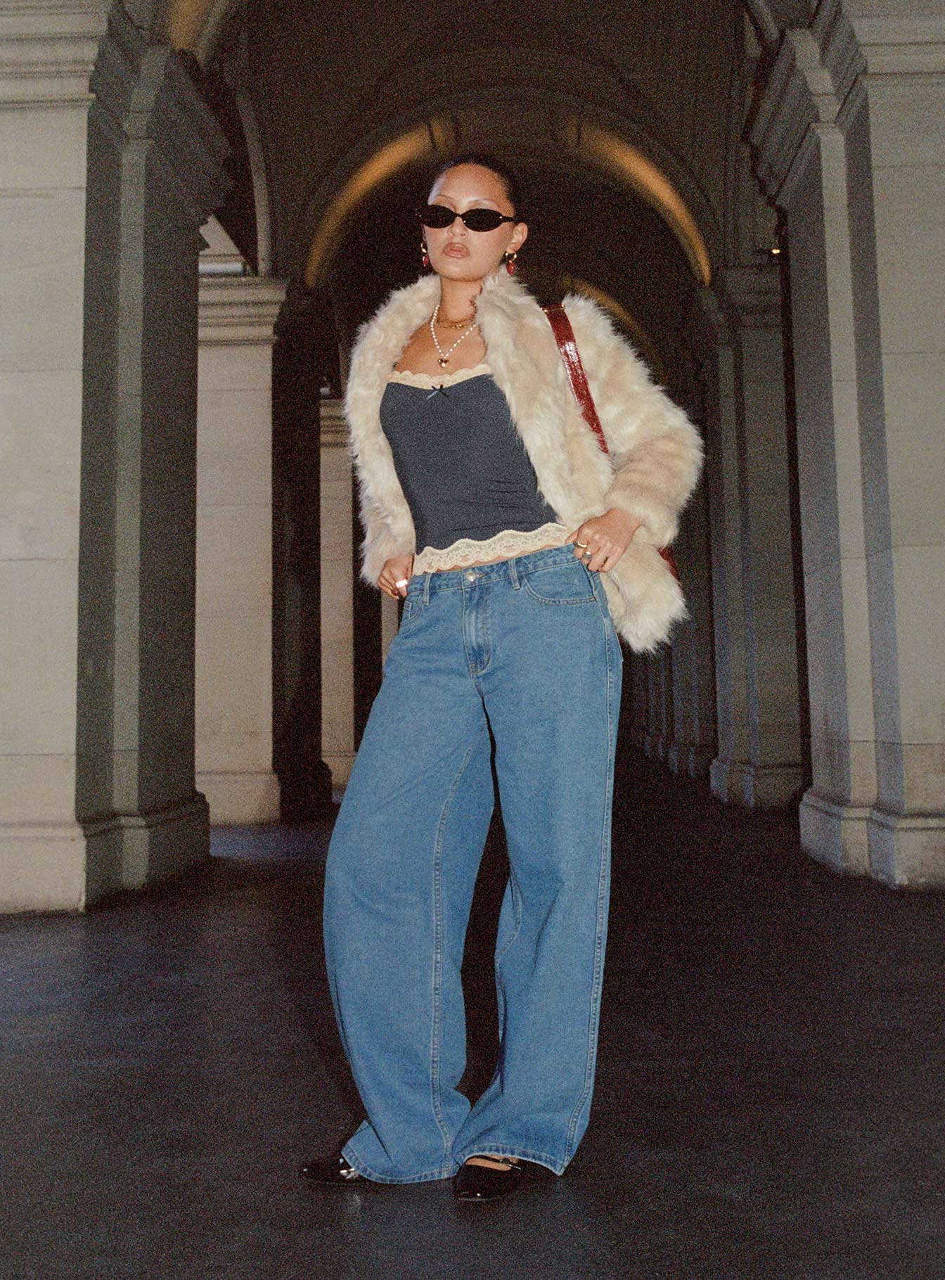 front view of model wearing Princess Polly Maryanne Mid-rise Relaxed Denim Jeans Mid Wash Denim Tall Mid Rise 