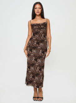 front view of model wearing Princess Polly Sugar Maxi Dress Leopard Cowl Neck 