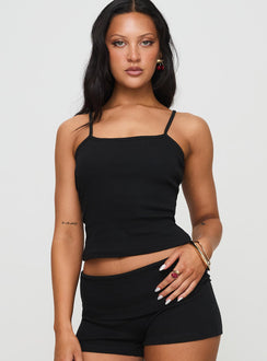 front view of model wearing Princess Polly Baseline Rib Top Black Sleeveless Square Neck 