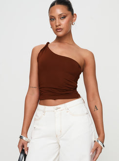 back view of model wearing Princess Polly Anwen Top Brown Sleeveless Asymmetric Neckline 