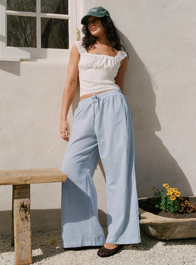 front view of model wearing Princess Polly Holiday Tie Front Pant Blue/ White Stripe High Waisted Pants 