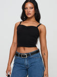 side view of model wearing Princess Polly Essentials Ruched Rib Cami Top Black Sleeveless Sweetheart 