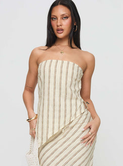 front view of model wearing Princess Polly Birdie Asymmetric Linen Blend Top Cream Sleeveless straight 