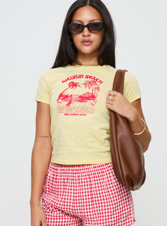 front view of model wearing Princess Polly Surf Club Tee Yellow Short Sleeves Crew Neck 