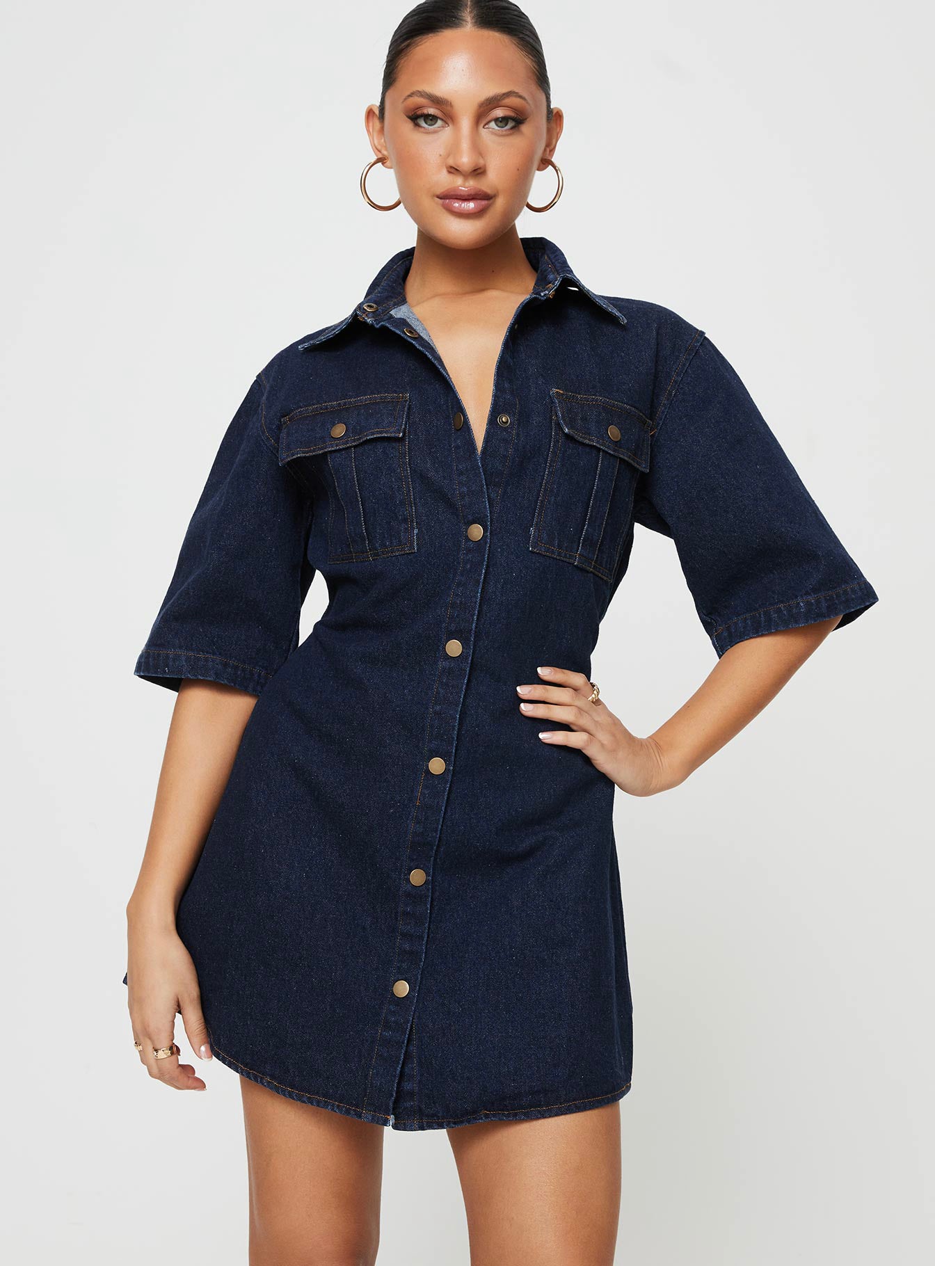 Front view of model wearing  front Princess Polly V-Neck  Davro Mini Dress Dark Wash Denim