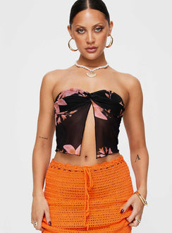 front view of model wearing Princess Polly Mani Top Black Floral Sleeveless Sweetheart 