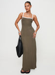 side view of model wearing Princess Polly Austrina Maxi Dress Olive Square Neck 