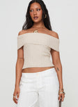 front view of model wearing Princess Polly Murmur Off Shoulder Top Beige Short Sleeves straight 