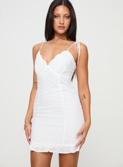 front view of model wearing Princess Polly Zenaida Mini Dress White V-Neck 