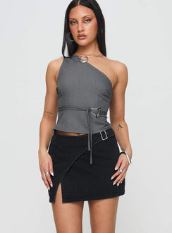   front view of model wearing Princess Polly Wait Up Denim Wrap Mini Skirt Washed Black Mini Skirts 