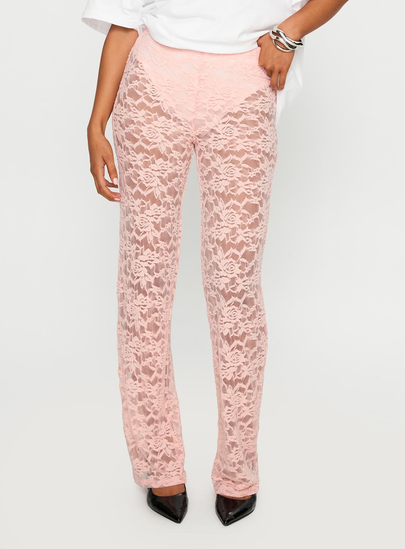 back view of model wearing Princess Polly Peru Lace Pants Pink 