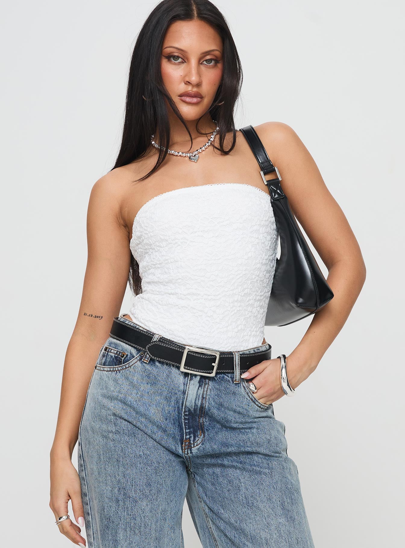 front view of model wearing Princess Polly Bristle Strapless Bodysuit White Sleeveless straight 