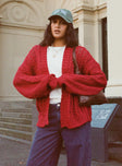 front view of model wearing Princess Polly Abner Cable Cardigan Red Long 