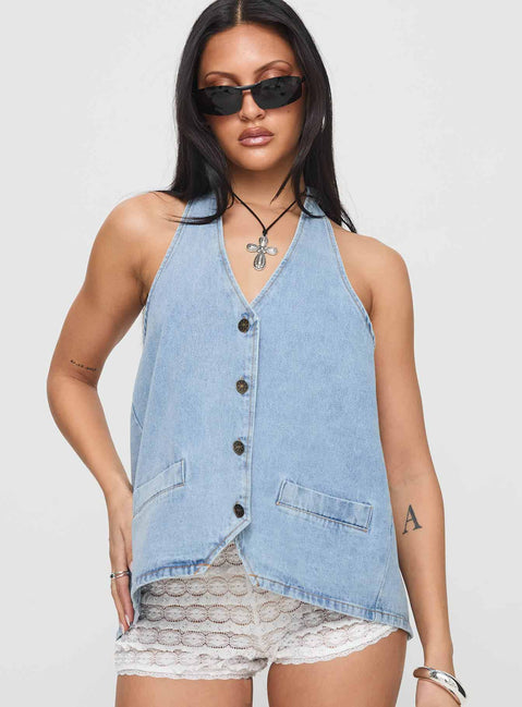front view of model wearing Princess Polly Hills Halter Washed Blue Sleeveless V-Neck 