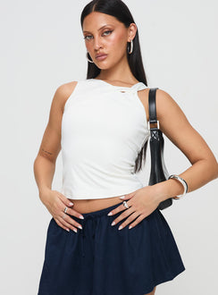 front view of model wearing Princess Polly Corcus Top White Sleeveless Asymmetric Neckline 