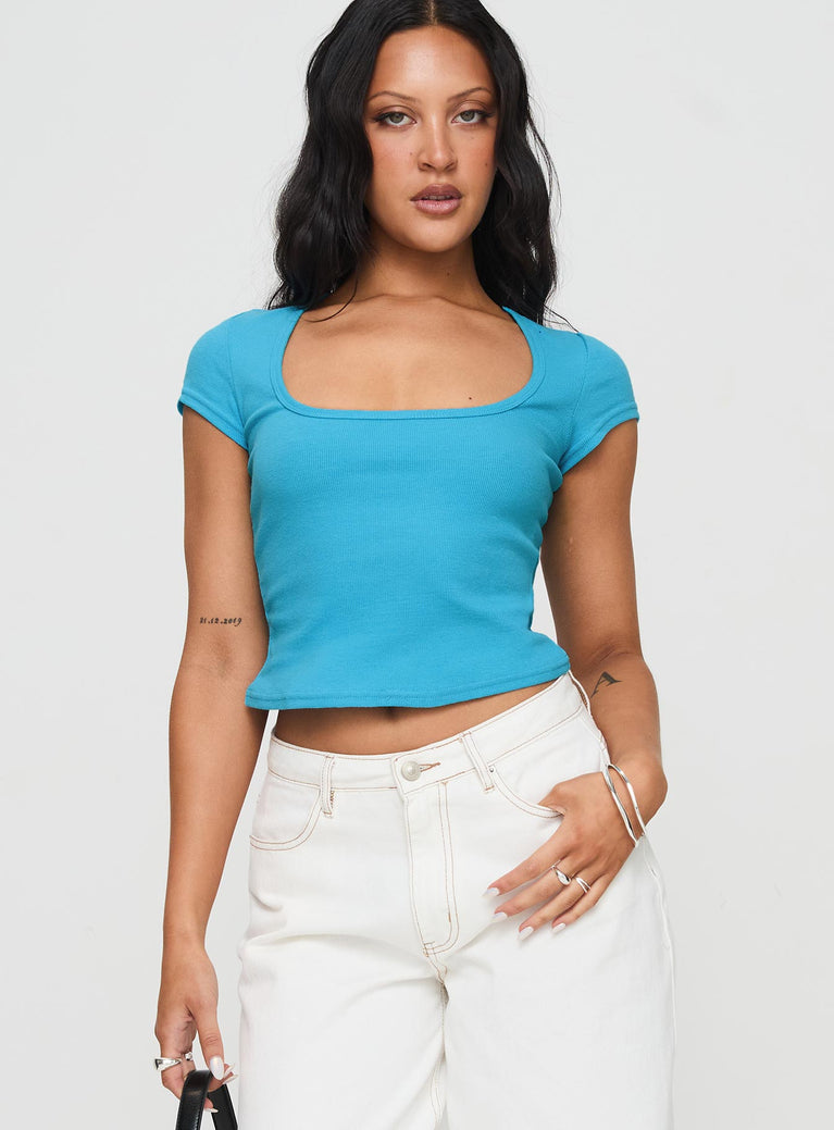 front view of model wearing Princess Polly Baseline Square Neck Rib Top Blue Short Sleeves Square Neck 