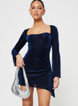 front view of model wearing Princess Polly Donelli Long Sleeve Mini Dress Navy Lower Impact Sweetheart Neckline 