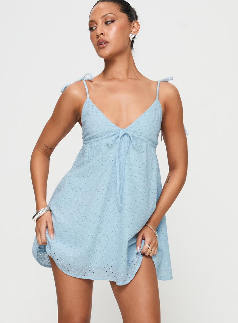 front view of model wearing Princess Polly Pavlos Mini Dress Light Blue Plunger 