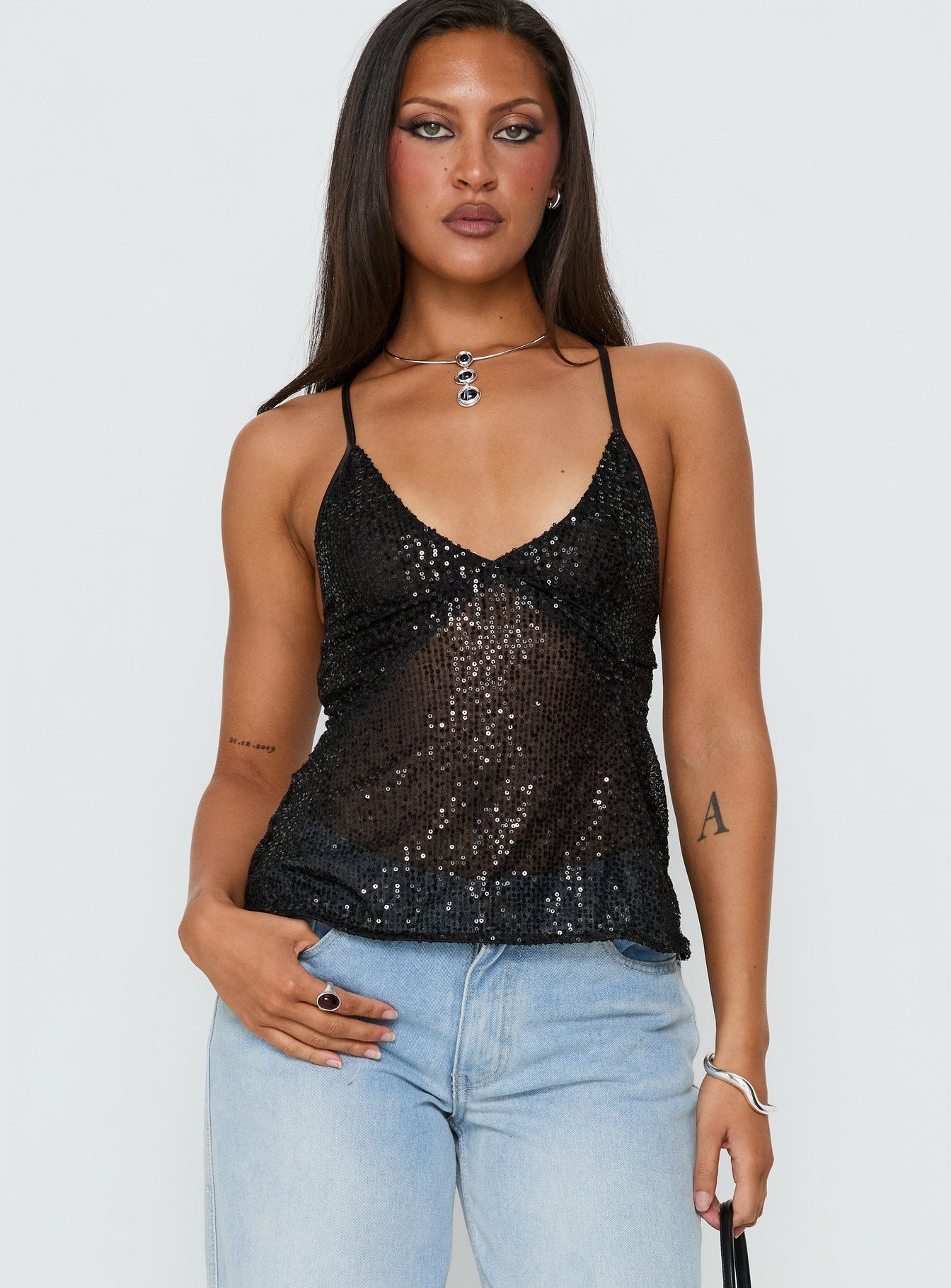 Opaline Sequin Cami Top Black | Princess Polly
